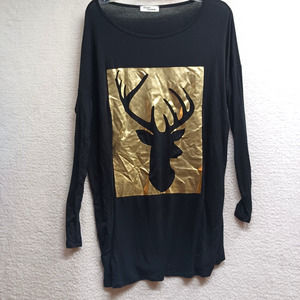 Million Bullpup Tunic Blouse/ Gown Size Large Black‎ Gold Deer Long Sleeve